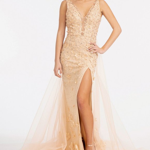 Rhinestone Embellished Mesh Mermaid Dress w/ 3-D Flower and Detached Layer G3011